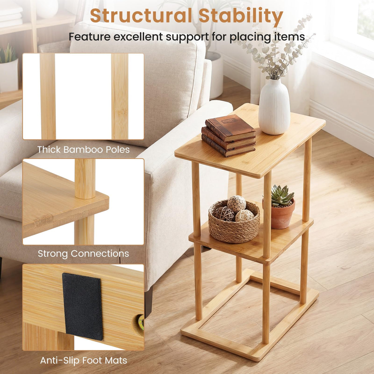 2 Pieces Side Table with Storage Shelves and Bamboo Construction for Living Room