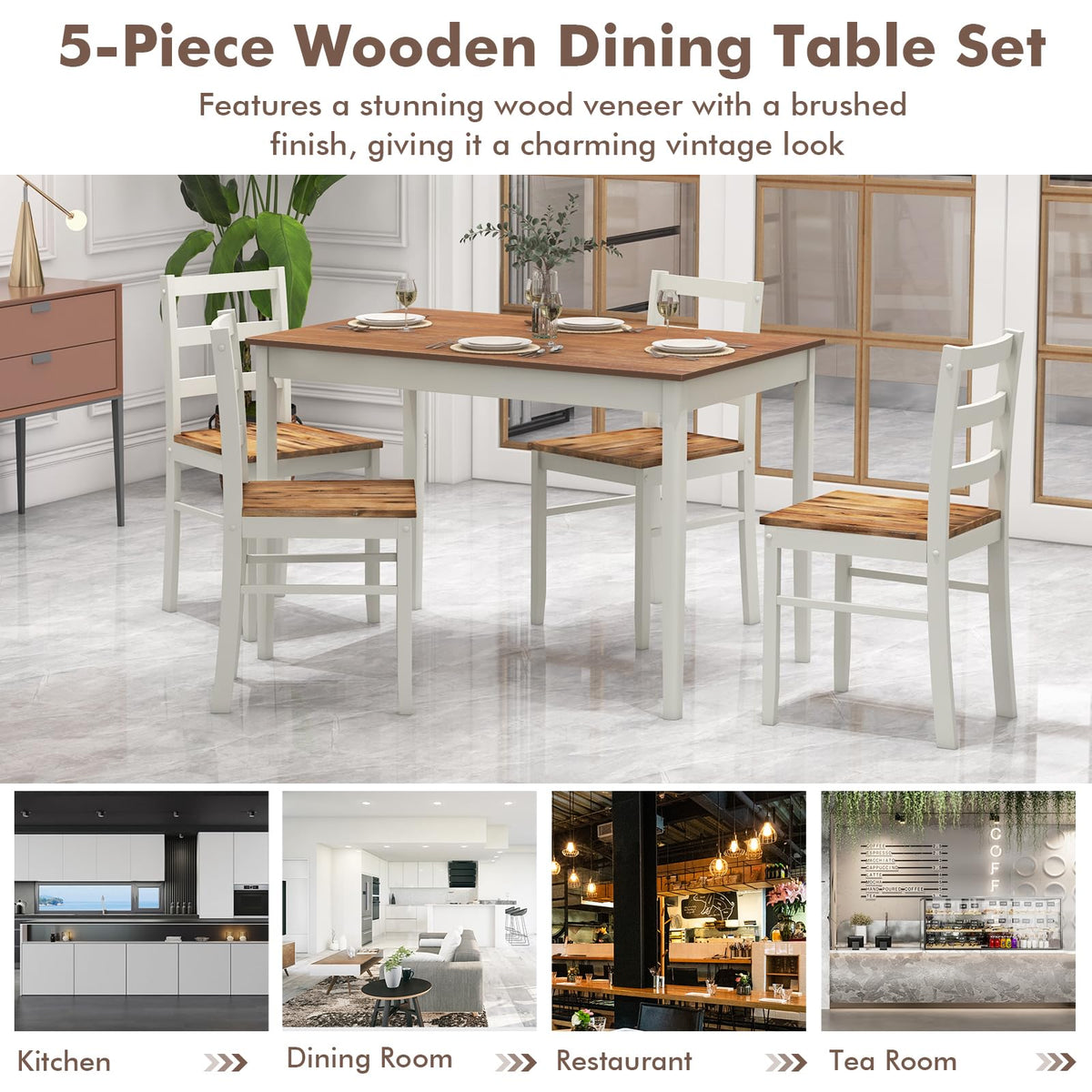 Giantex 5-Piece Dining Set, Solid Wood Kitchen Furniture w/Rectangular Table & 4 Chairs