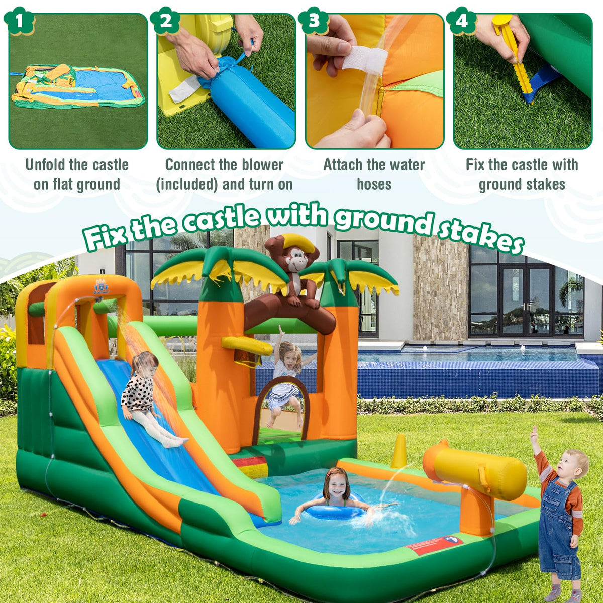 7-in-1 Bounce House Water Park w/Splash Pool, Water Cannon, Ring-toss Game, Climbing Wall