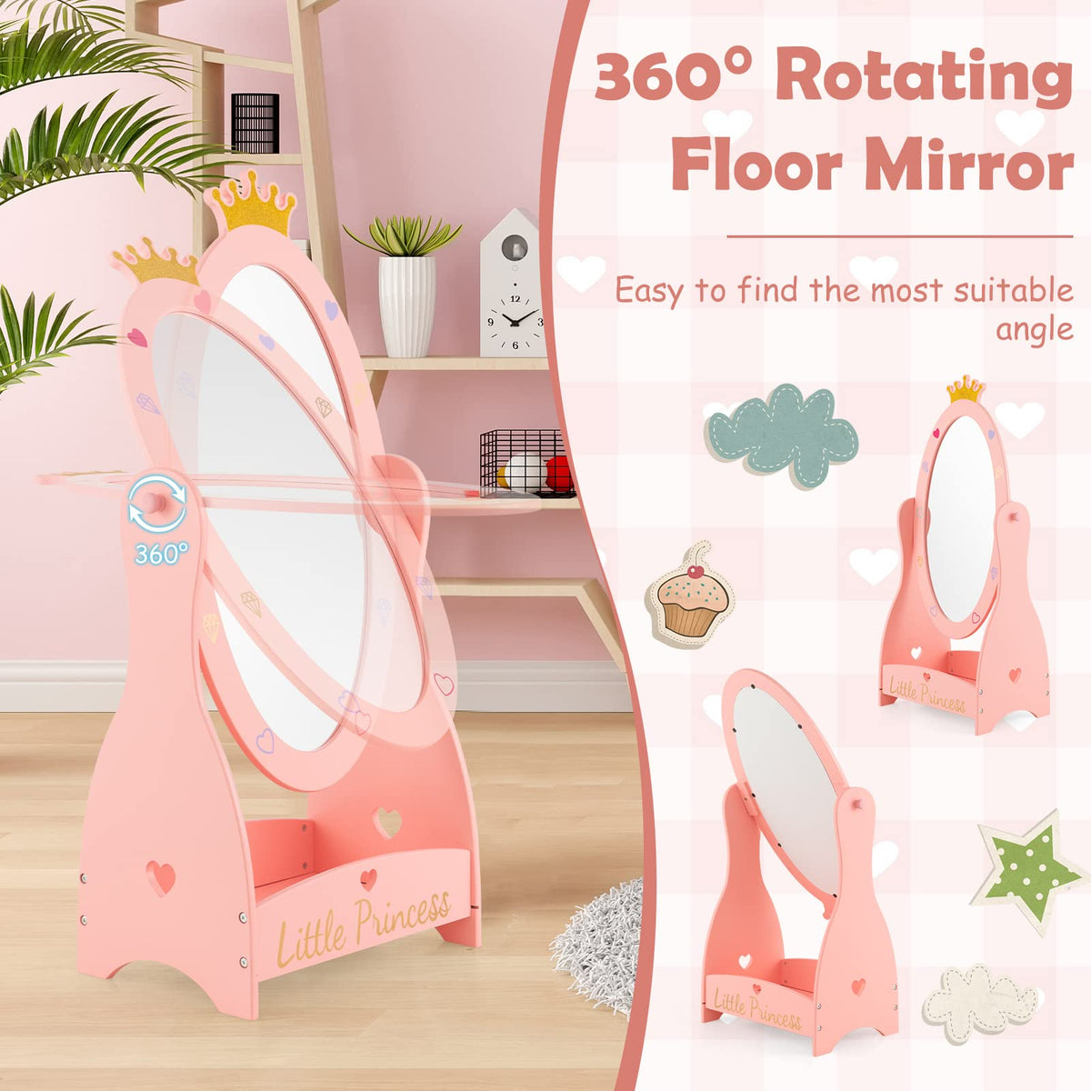 Kids Freestanding Dressing Mirror with 360° Rotatable Design-Pink