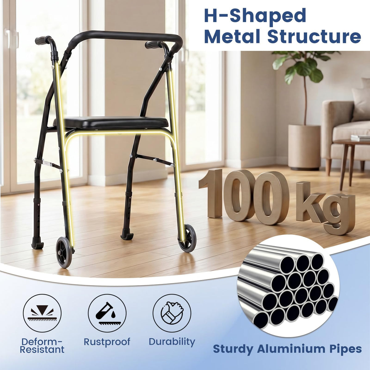 Folding Walker Lightweight Aluminum with 2 Wheels and Padded Seat for Seniors