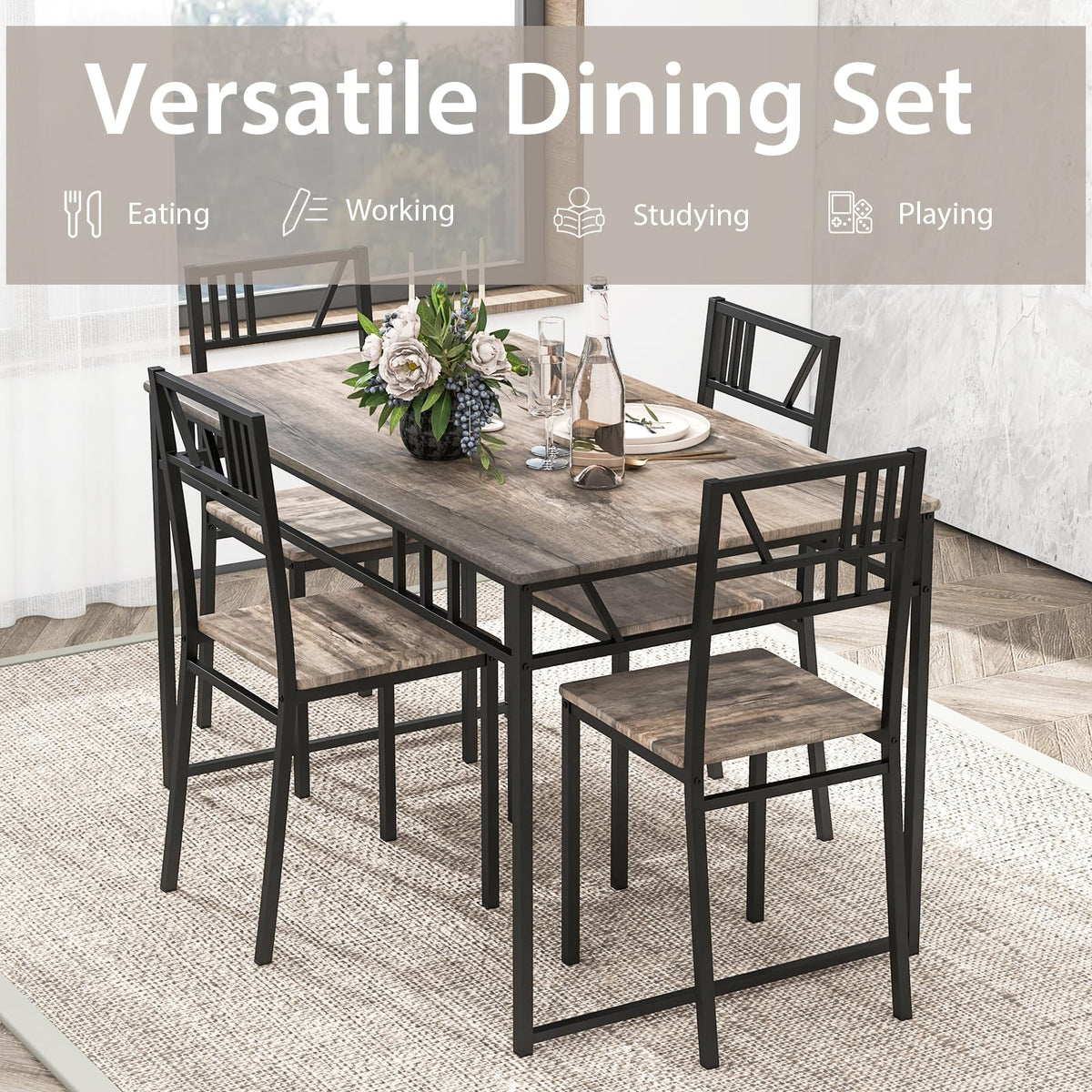 Giantex 5 Piece Dining Table Set, Industrial-Style Kitchen Table & 4 Chairs w/Wood Like Tabletop & Metal Frame