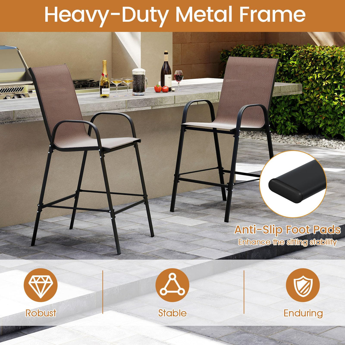 Outdoor Bar Stools Set of 2, 74 cm Fabric Bar Height Stools with Armrests