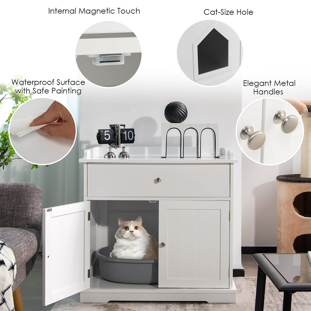 Cat Litter Box Enclosure, Hidden Cat Washroom Furniture W/Drawer & 2 Doors