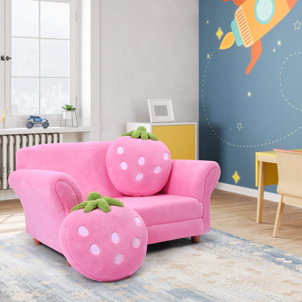 Kids Sofa with 2 Cute Strawberry Pillows, Children Couch Armrest Chair Double Seats