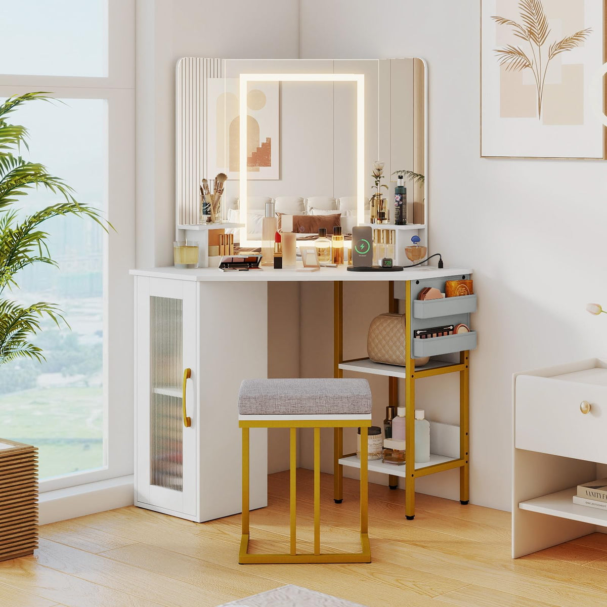 Makeup Vanity Desk with Mirror and Lights Corner Dressing Table