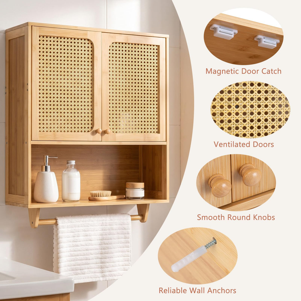 Bamboo Bathroom Wall Cabinet with Towel Rack and Rattan for Bathroom