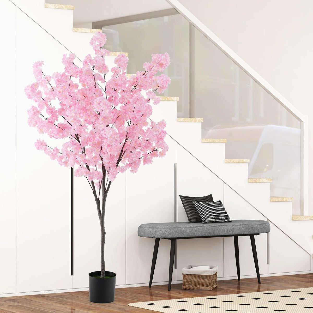 Giantex 190cm Tall Artificial Cherry Blossom Tree, Faux Floral Plant w/ 1170 Pink Flowers, Nursery Pot, Potted Plant Indoor Decor