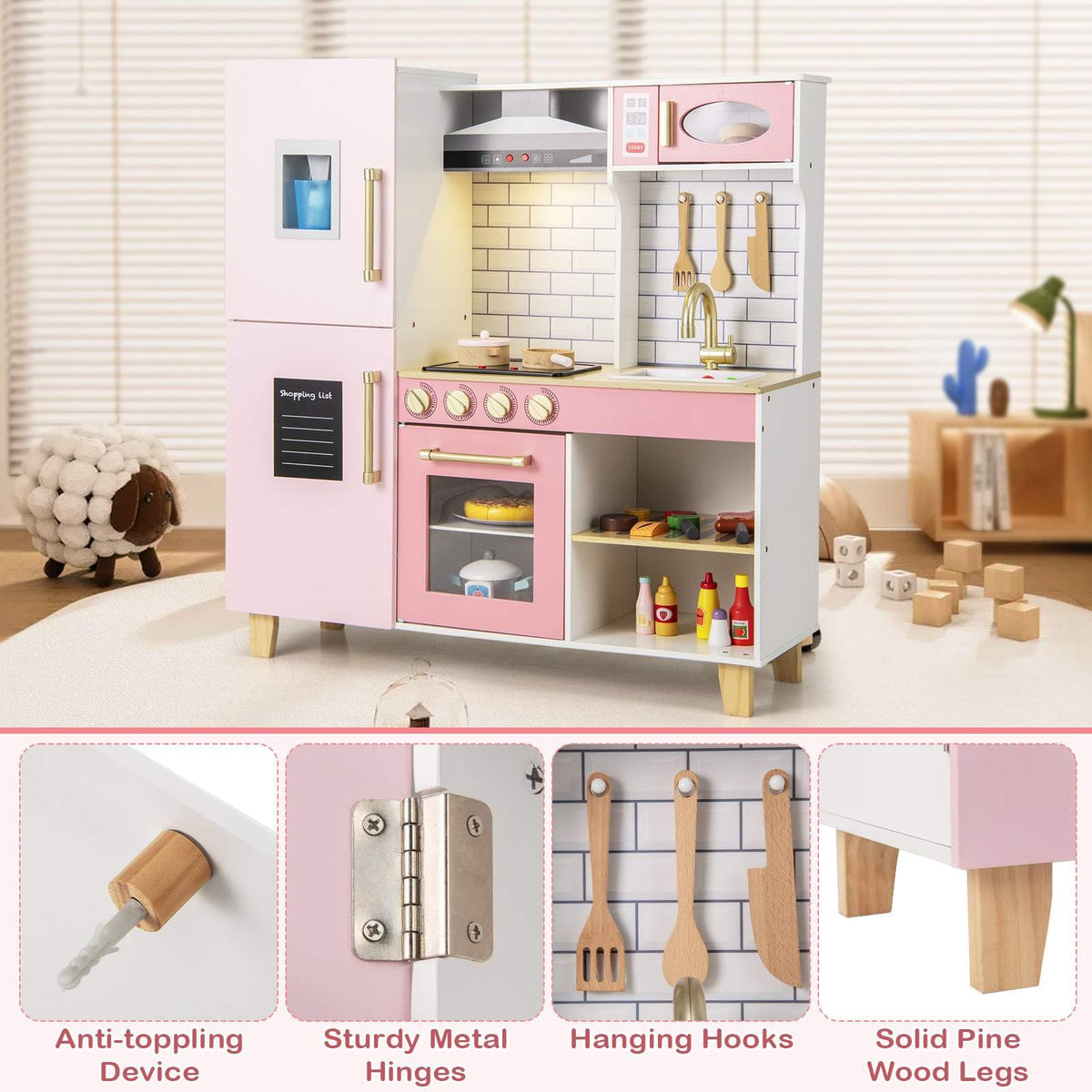 Kids Kitchen Playset, Wooden Pretend Play Kitchen w/Ice Maker, Range Hood, Blackboard