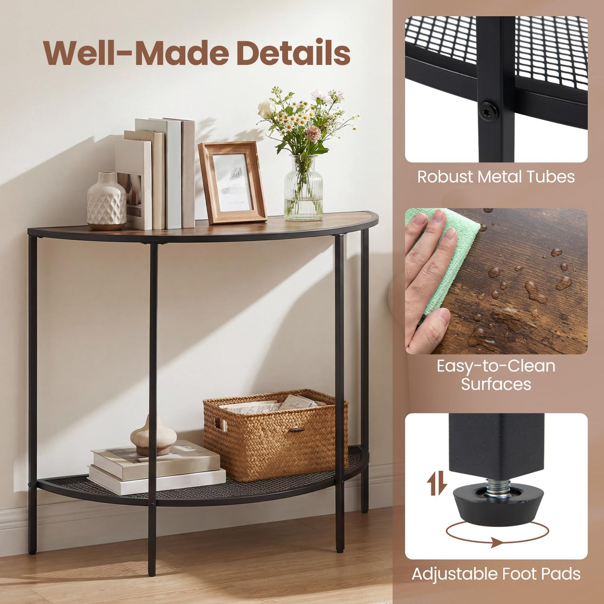 Half Moon Console Table 2-Tier Narrow Entryway Table with Storage Shelf