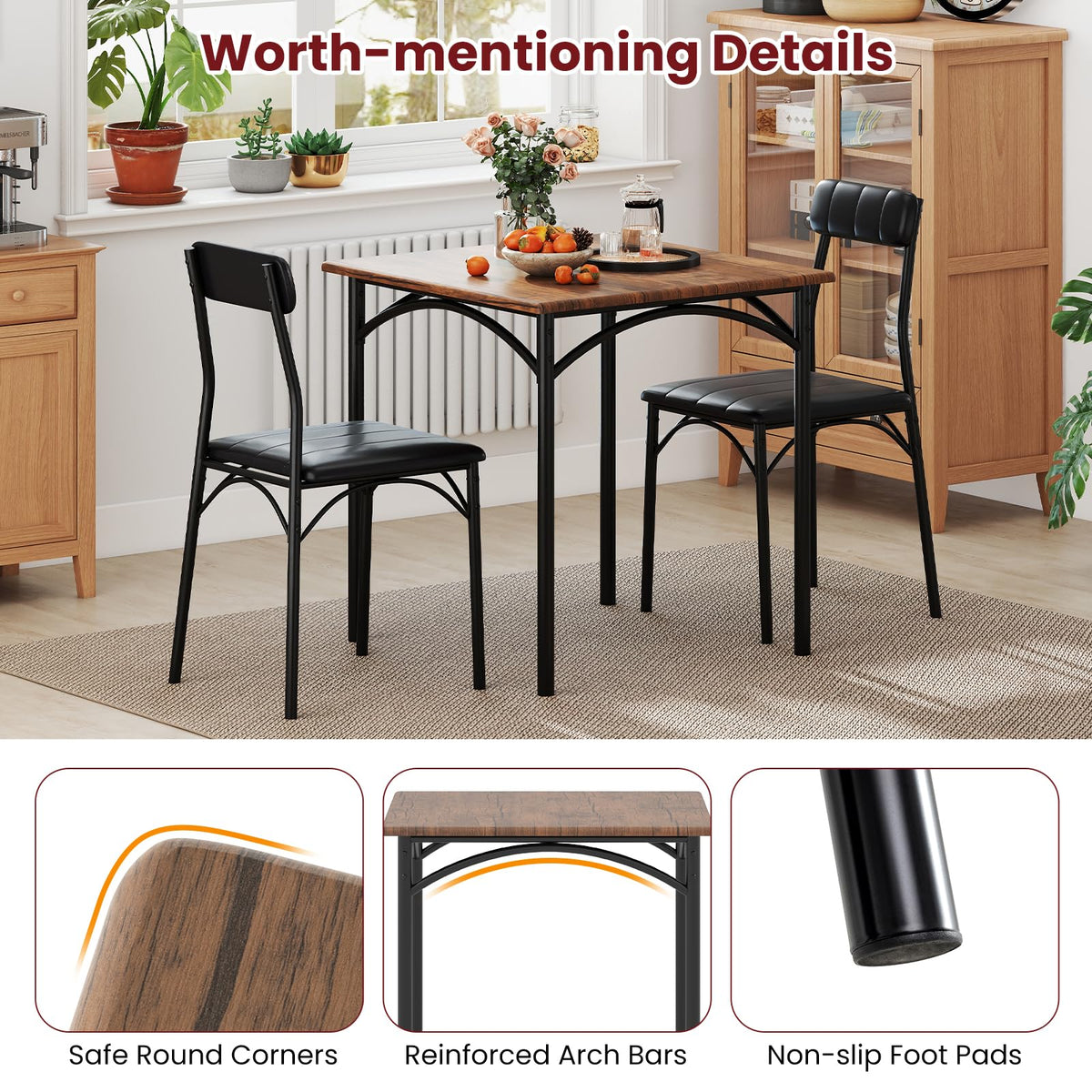3-Piece Dining Table Set, Square Kitchen Table & 2 Chairs