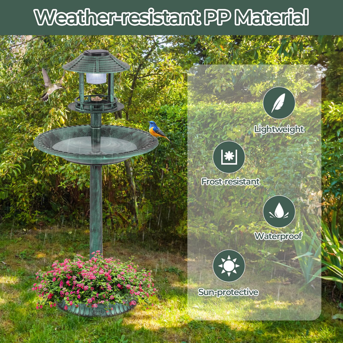 3-in-1 Outdoor Solar Lighted Bird Bath with Flower Planter Base