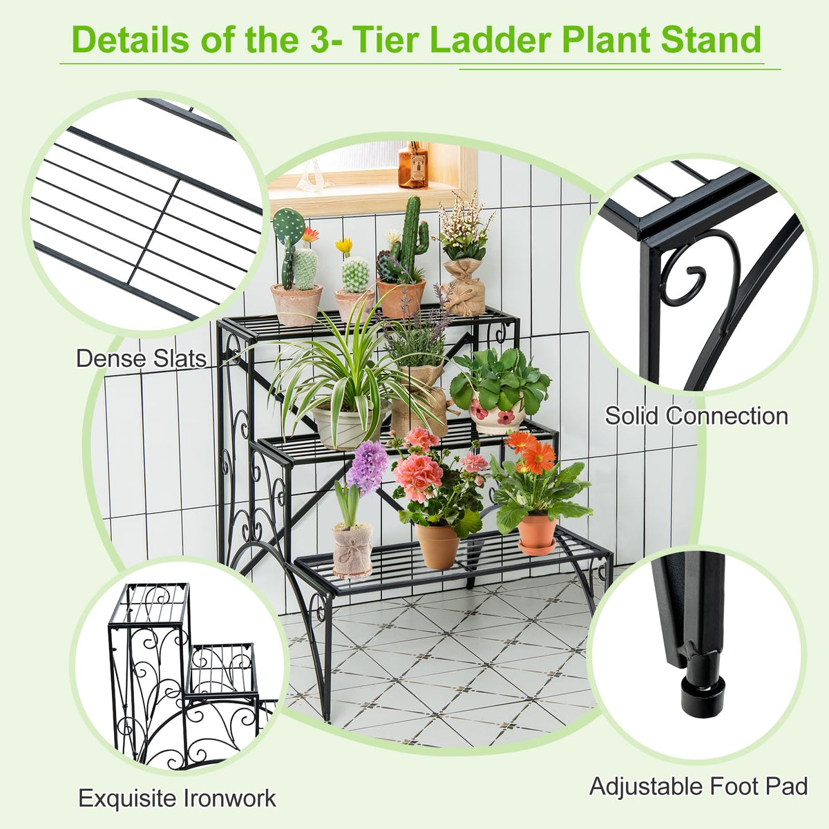 3-Tier Ladder Style Plant Rack with Widened Grid Shelf