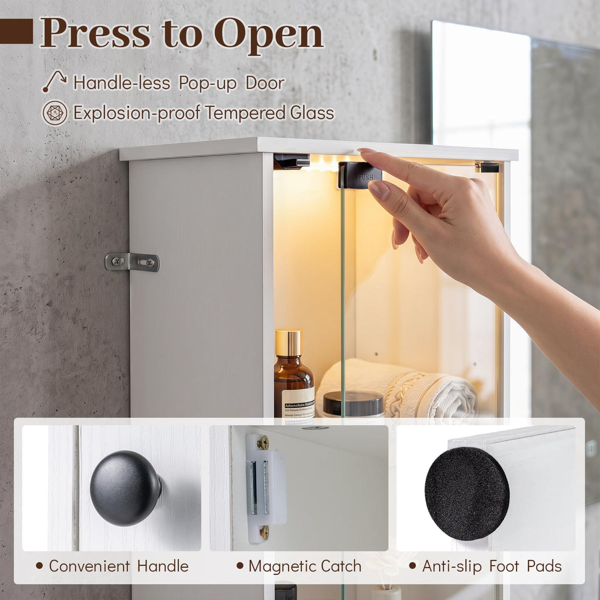 Tall Bathroom Cabinet with Lights & Press-to-Open Door