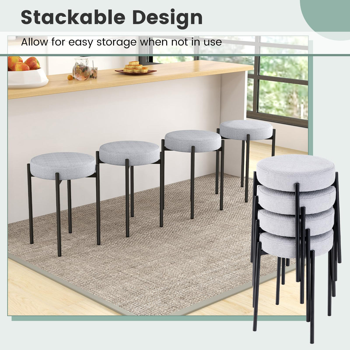 Bar Stools Set of 4 Home Upholstered Stools w/ Metal Legs & Anti-slip Foot Pads