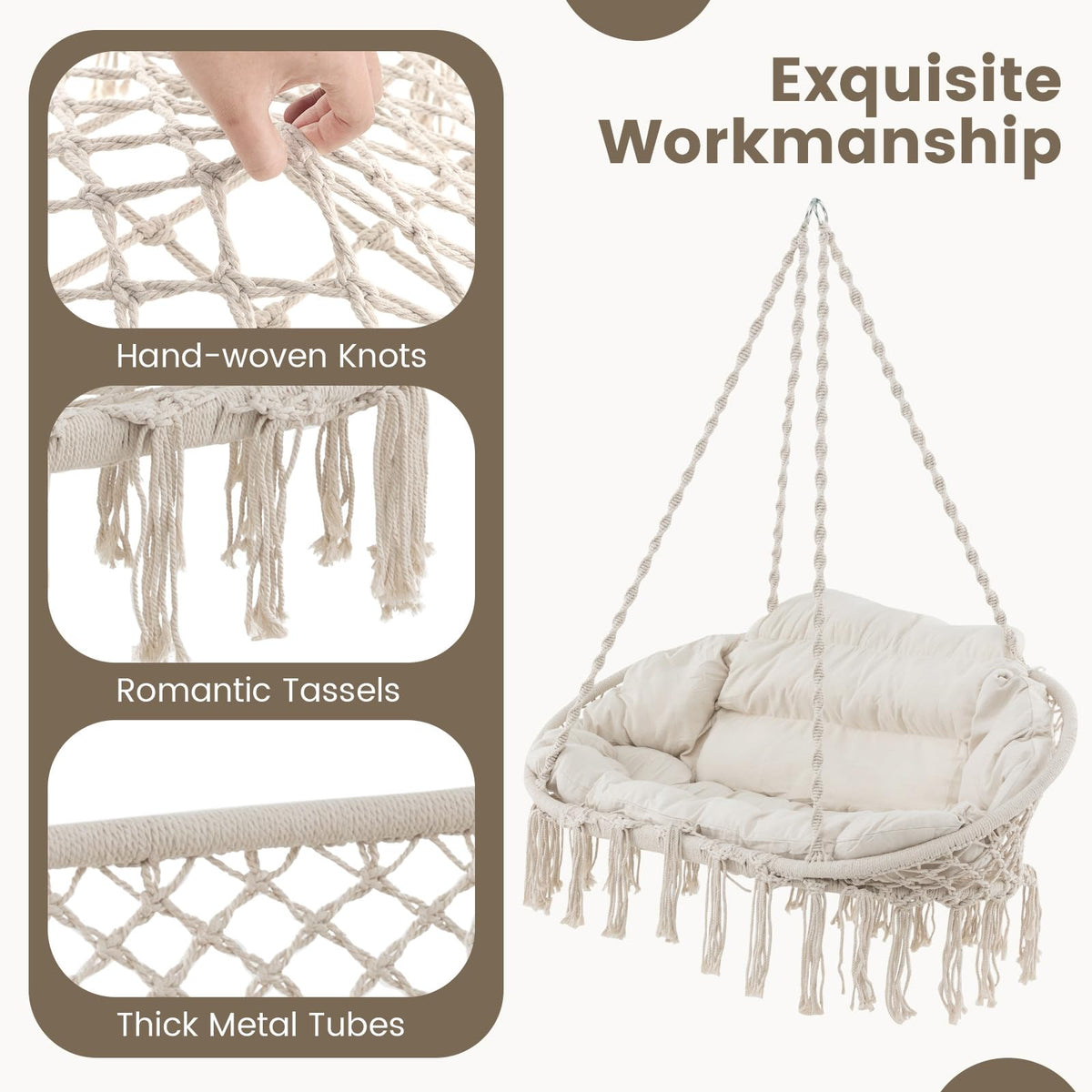 Hand-Woven Rope Hanging Swing Chair with Thick Cushion and Folding Metal Frame