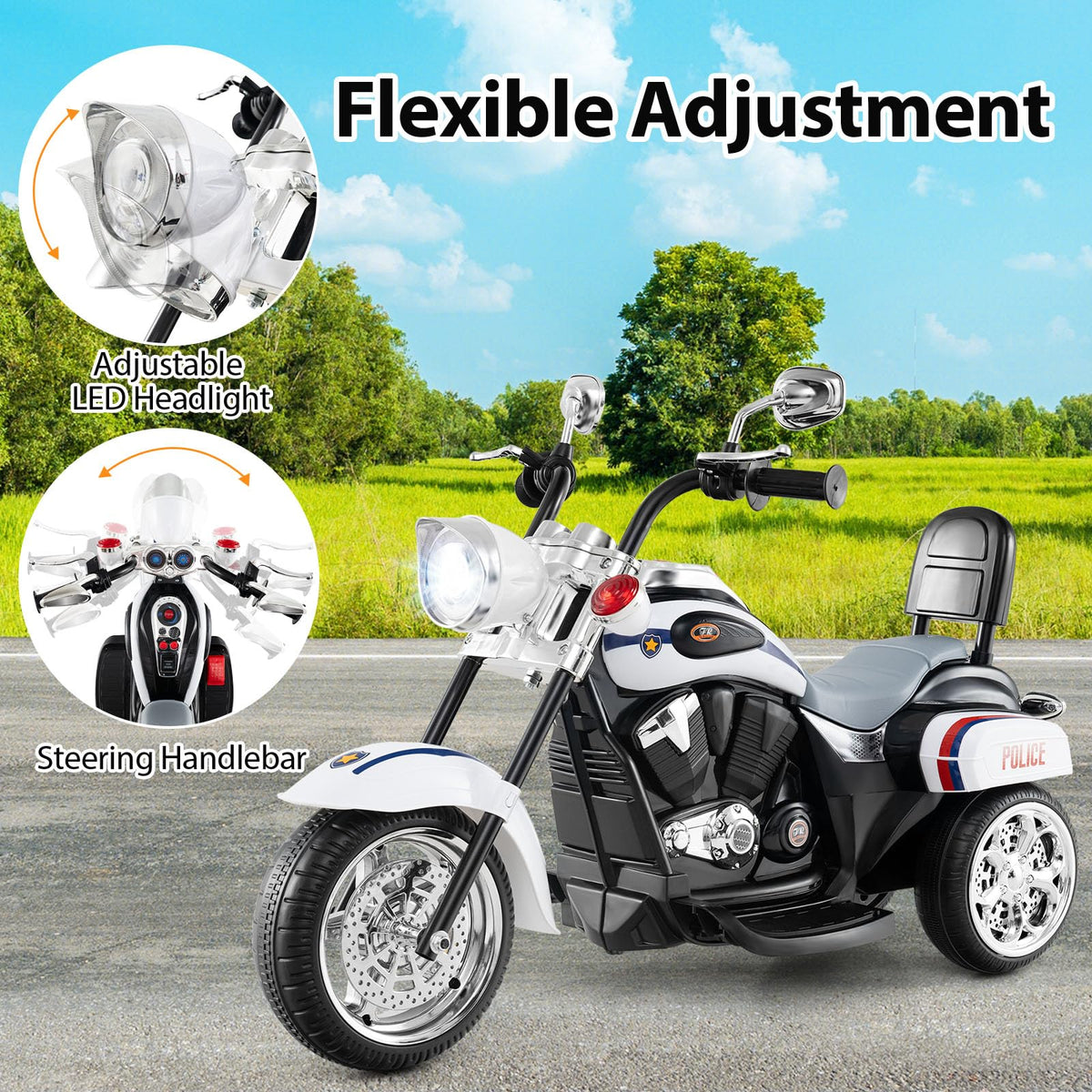 6V Kids Motorcycle 3-Wheel with Headlight and Horn White