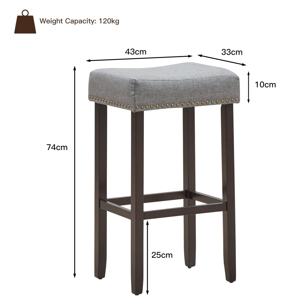 Giantex Set of 2 Saddle Bar Stools, 74 cm H Backless Counter Stool, Brass Nail Head Studs, Upholstered Sponge Cushion