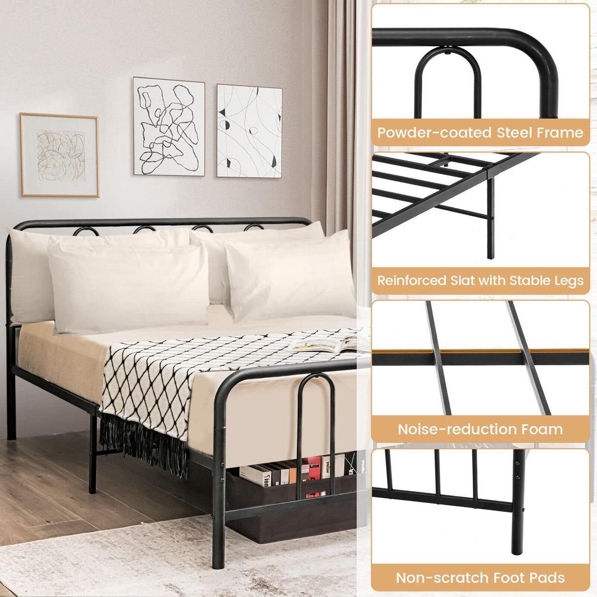 Metal Bed Frame, Modern Bed Frame with Headboard & Footboard