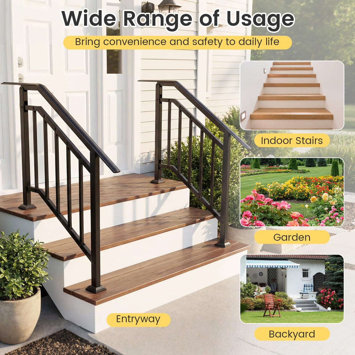 2 Pack Handrails for Outdoor Steps, 3-Step Galvanized Metal Hand Rails