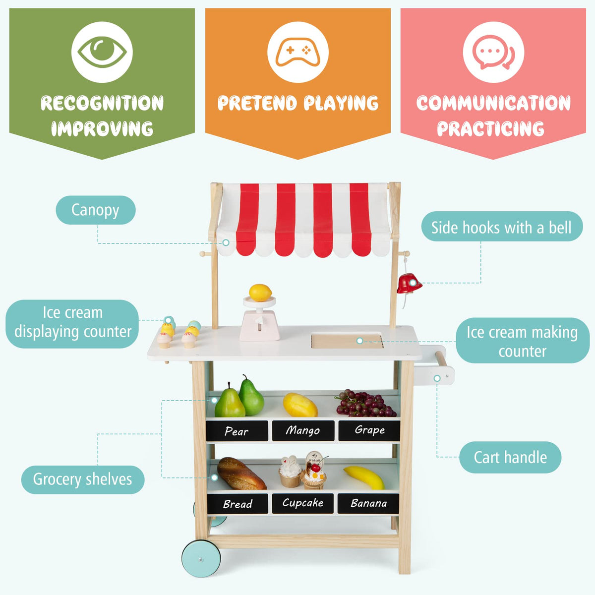 Kids Pretend Play Grocery Store, Wooden Ice Cream Cart Toy Set