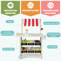 Kids Pretend Play Grocery Store, Wooden Ice Cream Cart Toy Set