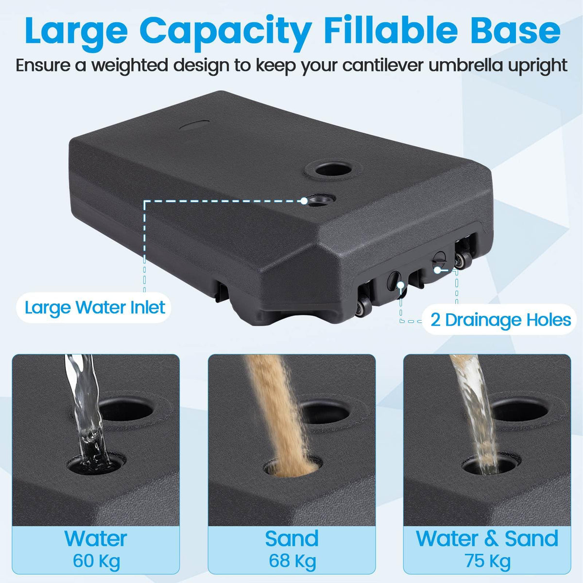 Cantilever Umbrella Base w/Wheels&Cross Base, 75 KG Water&Sand Fillable Umbrella Stand