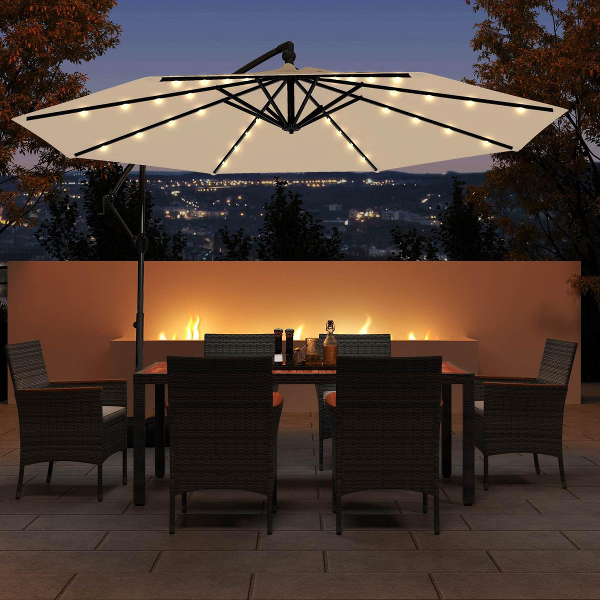 3m Solar Offset Hanging Umbrella with Base, Patio Cantilever Umbrella