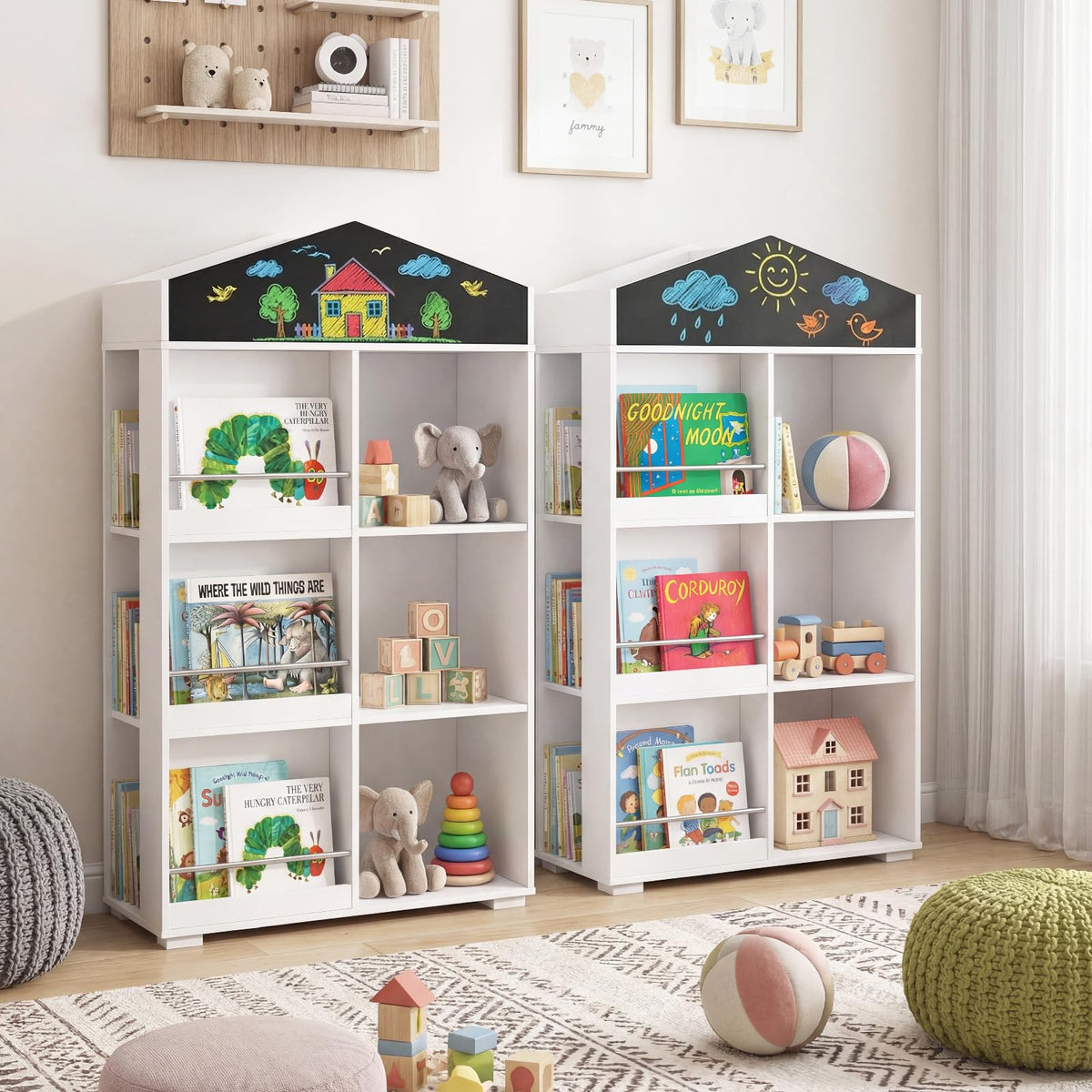House Shaped Kids Bookshelf, Toy Storage Organizer w/Compartments & Chalkboard