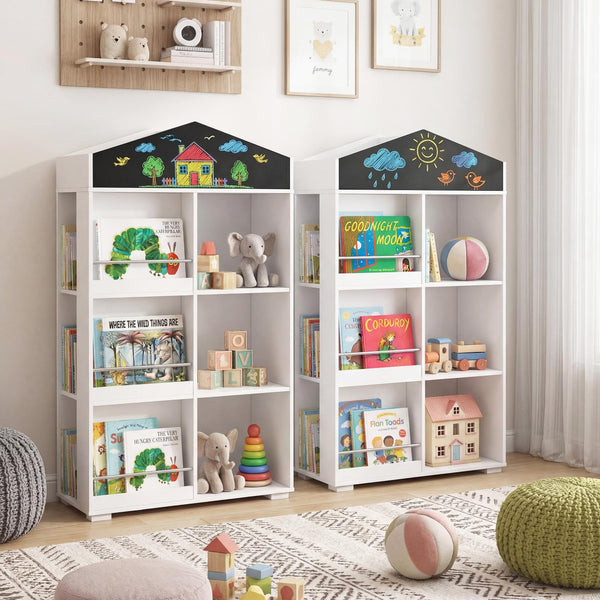 House Shaped Kids Bookshelf, Toy Storage Organizer w/Compartments & Chalkboard