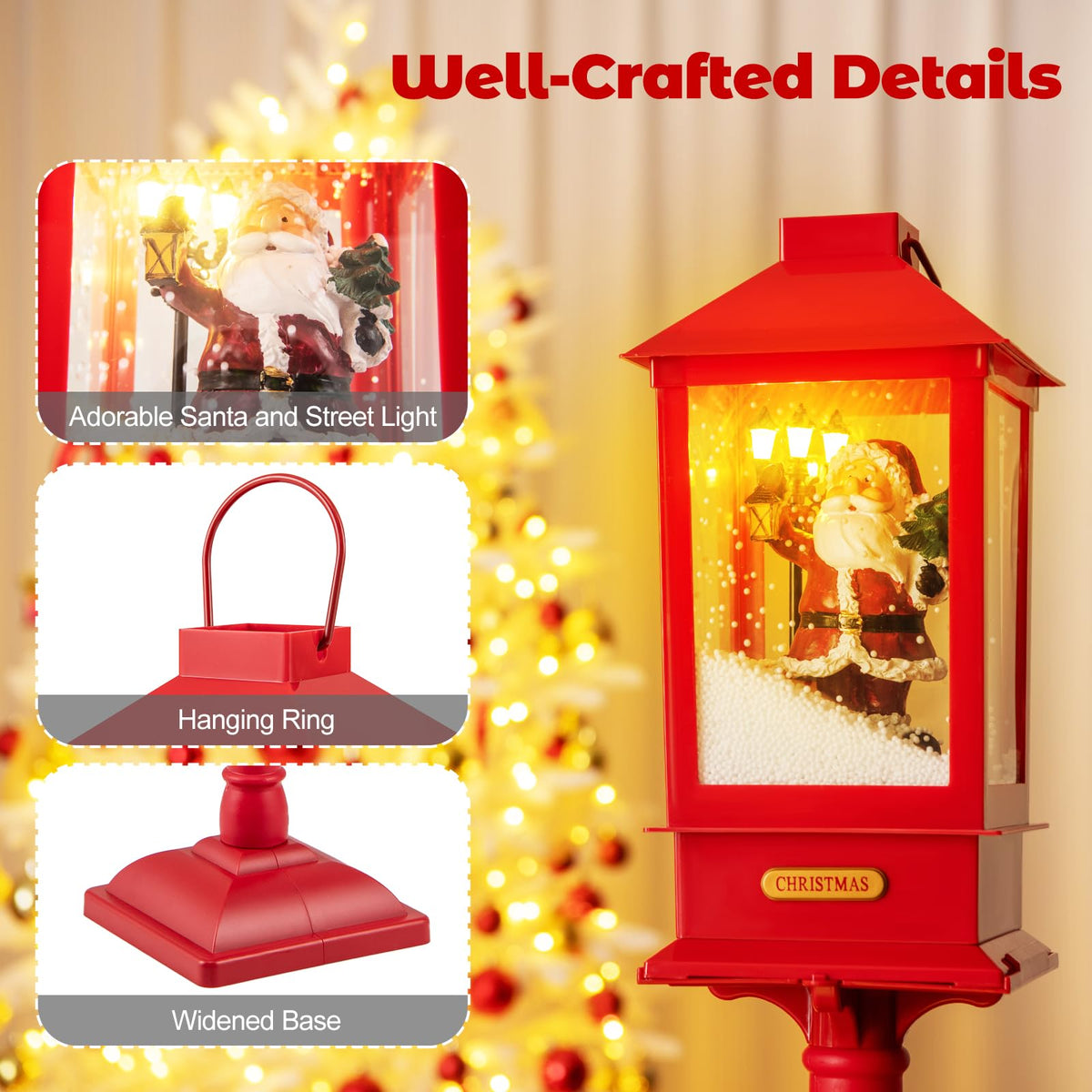 1-Piece Christmas Street Lamp 155cm with Snow Globe and Santa Music for Porch