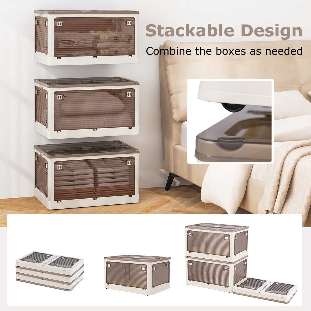 3-Pack Stackable Storage Bins with Lids 204 L Collapsible Plastic Container Box