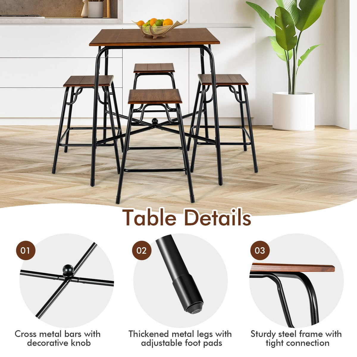 Giantex 5-Piece Bar Table Set, Vintage Counter Height Square Table w/ 4-Piece Classic Backless Stools, Rustic Brown