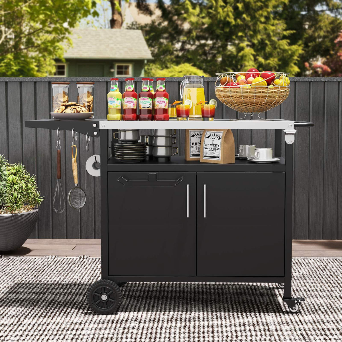 Grill Cart with Storage Outdoor Kitchen Island with Folding Stainless Steel Top