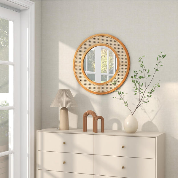 Giantex Rattan Round Wall Mirror, 65cm Wooden Framed Mirror with Aluminum Glass