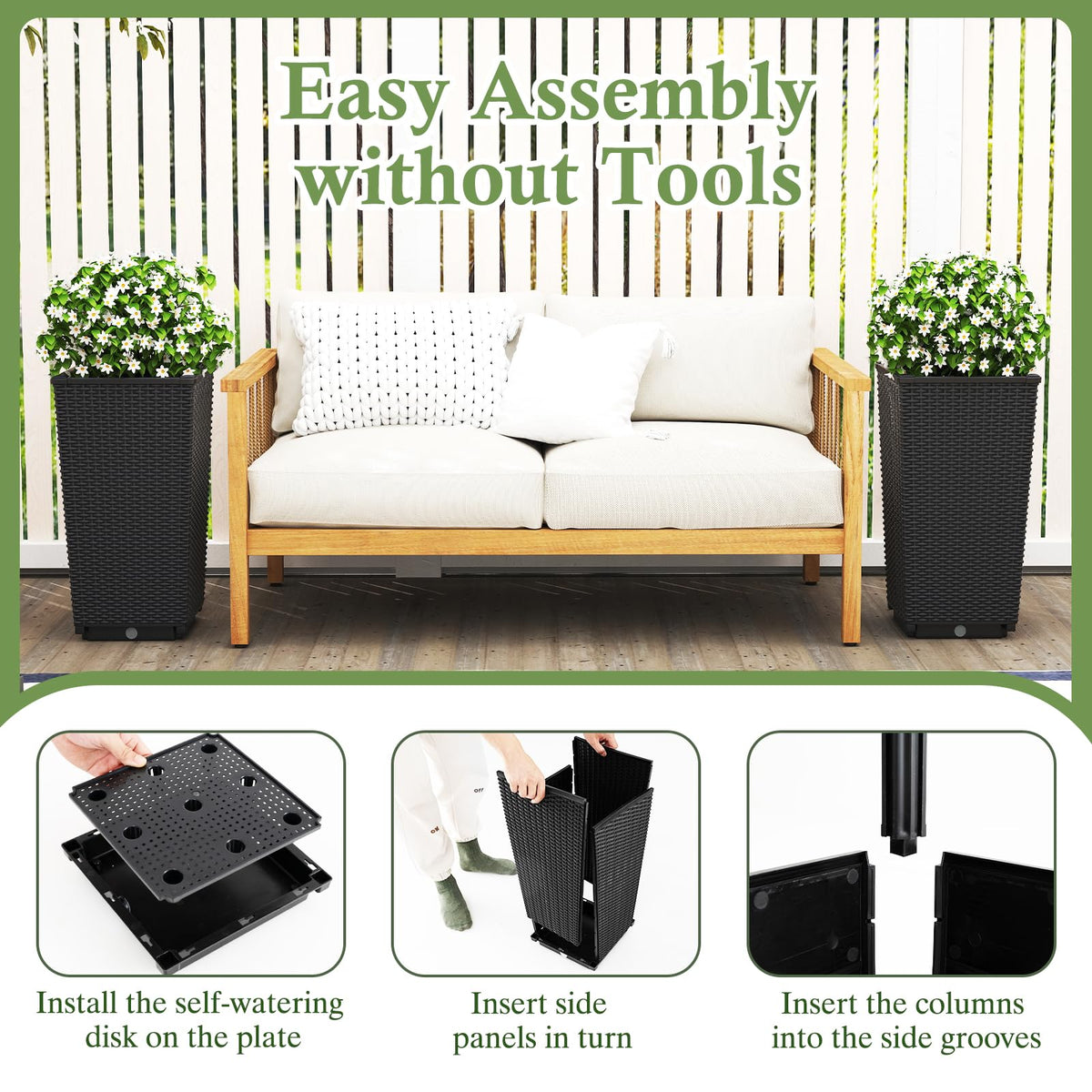 Tall Wicker Planter Box Set of 2 with Water Storage Plate