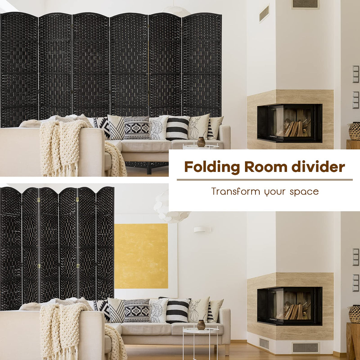 6-Panel Screen Room Divider, 6Ft Folding Privacy Screen w/Hand-woven Rattan