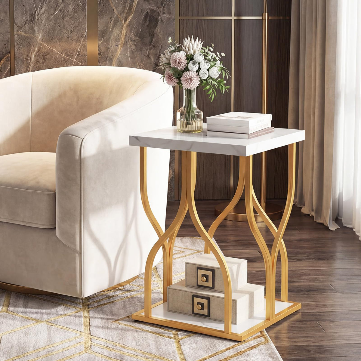 Faux Marble Bedside NightStand with Storage Shelf and Petal-Inspired Metal Frame