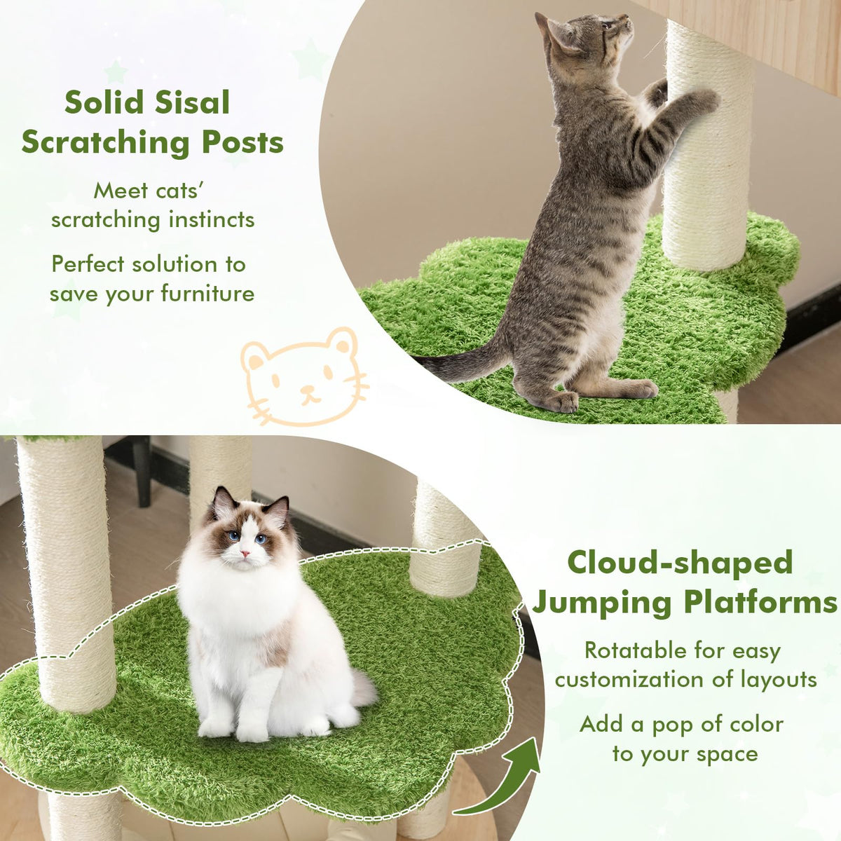 1.4M Cute Cat Tree for Indoor Cats, Multi-Level Wood Cat Tower w/Sisal Scratching Posts