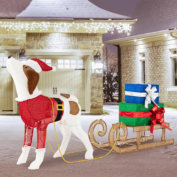 Lighted Christmas Decorations, 170 Warm Bright Lights Outdoor Pre-lit Xmas Dog & Sleigh & Gift Boxes Combo