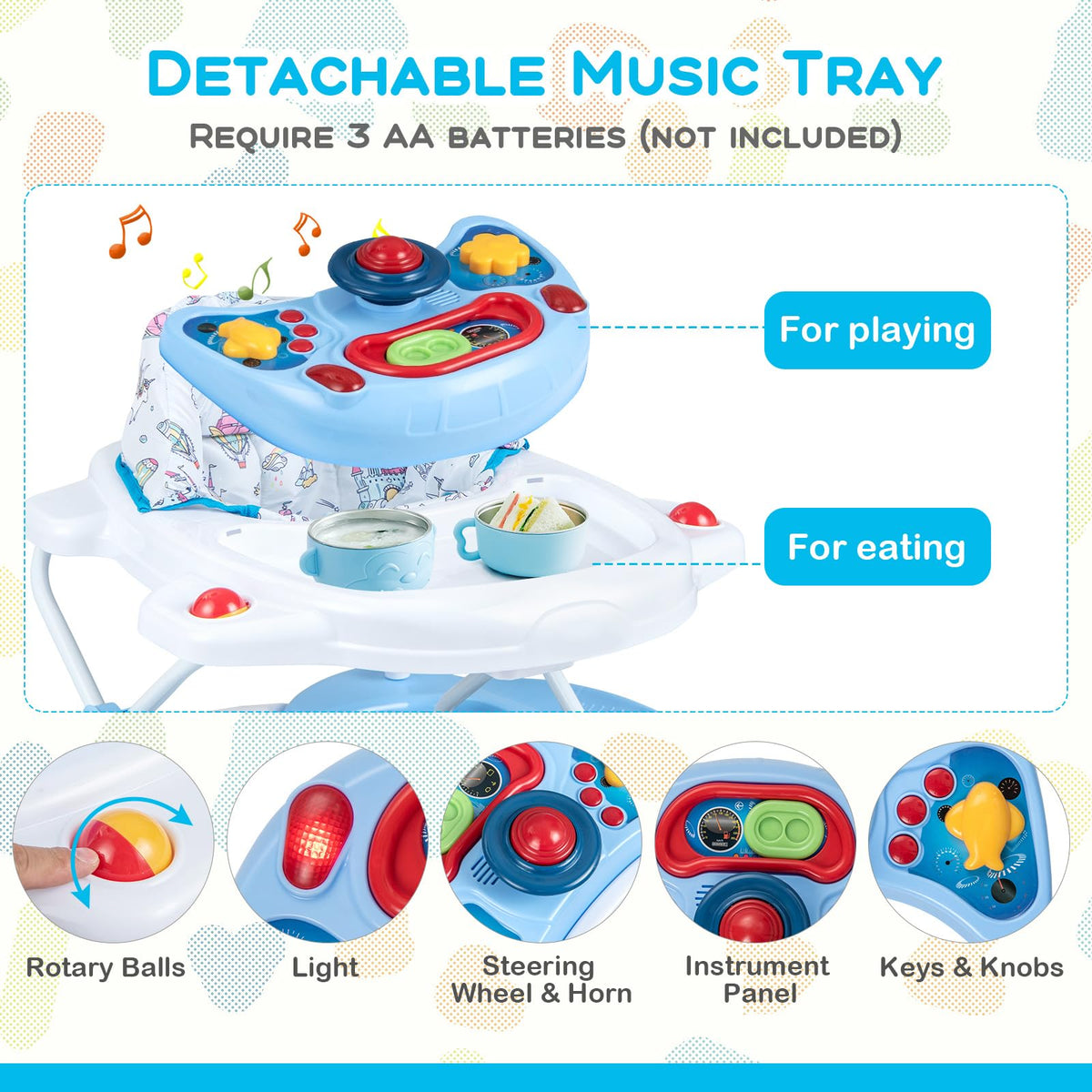 6 in 1 Baby Walker & Activity Center with Adjustable Height and Removable Music Tray