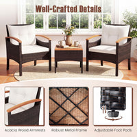 3-Piece Wicker Bistro Set with Acacia Table & Armchairs and Cushions for Backyard