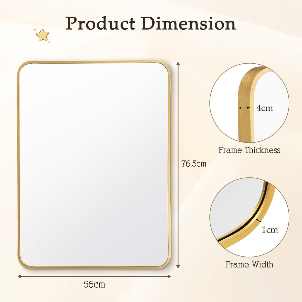 Giantex 56 x 77 cm Bathroom Makeup Mirror, Rectangular Mirror with Aluminum Alloy Frame & Rounded Corners