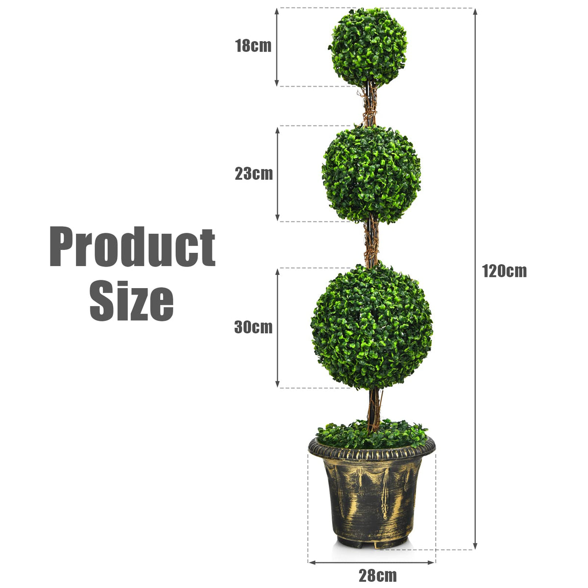 Giantex Topiary Artificial Tree, 120cm Triple Ball Tree w/UV & Water Protection, Cement-filled Pot, Real Wood Rattan