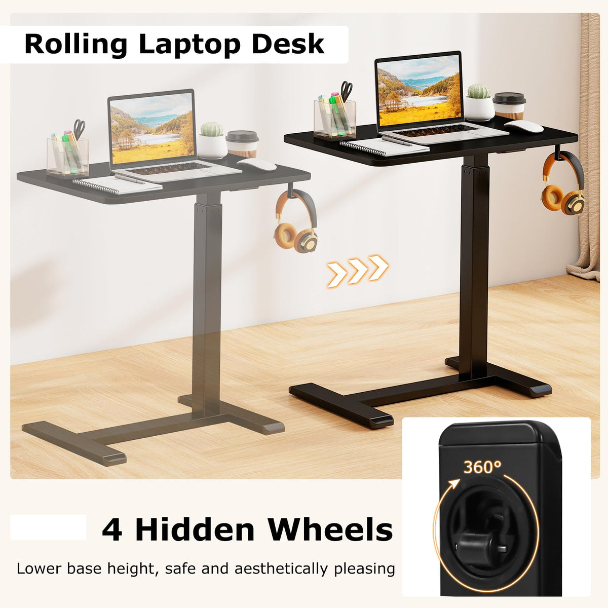 Mobile Standing Desk, Height Adjustable Overbed Bedside Table