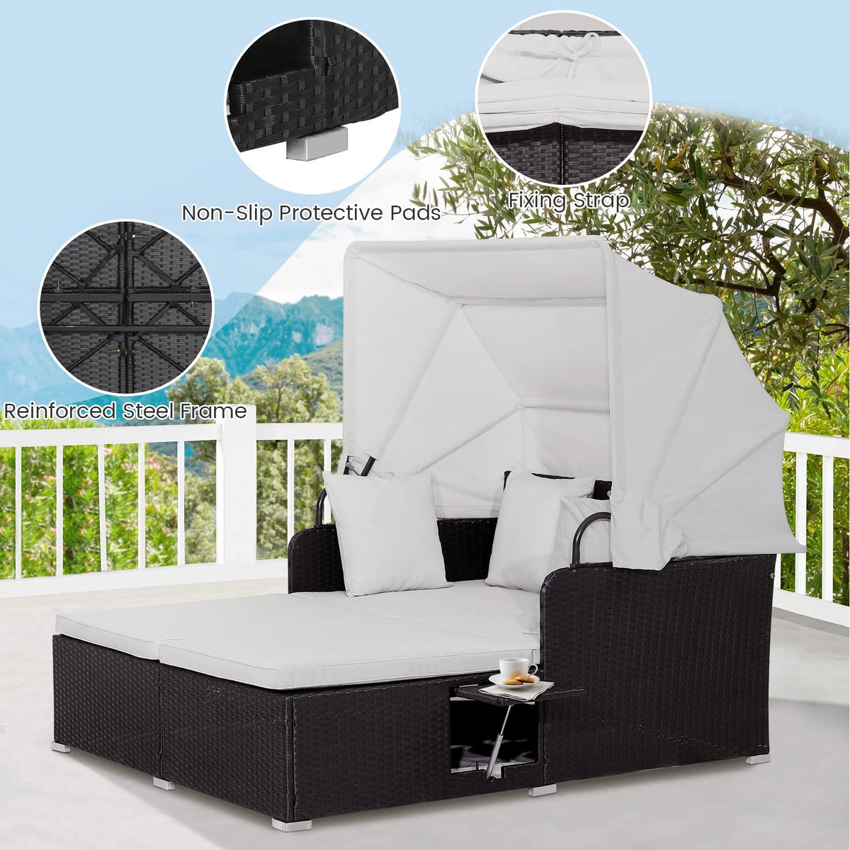 Outdoor Rattan Daybed W/Retractable Canopy, Washable Cushion & Pillow
