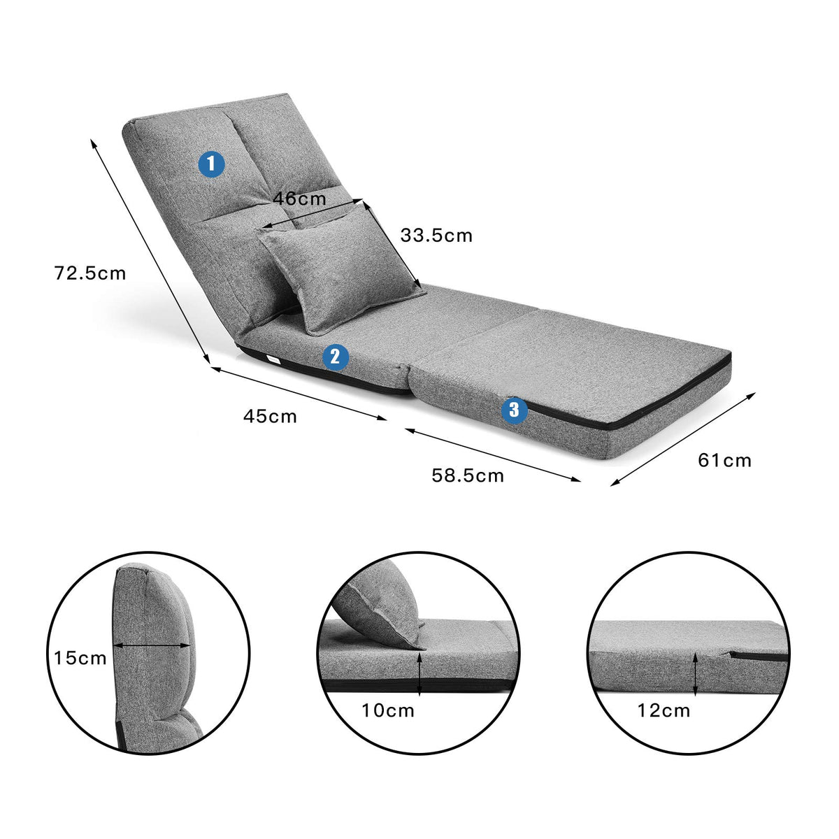 Adjustable Floor Lounge Sofa Bed, 6 Positions Folding Recliner w/ Soft Pillow, Upholstered Cushion & Ergonomic Backrest, Gray