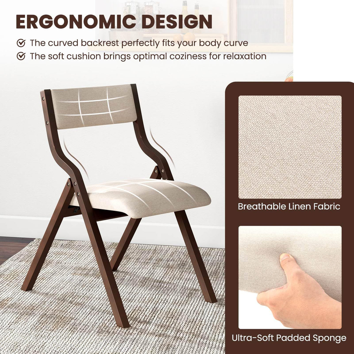 Giantex Folding Dining Chair Set of 2, Wooden Upholstered Dining Chairs