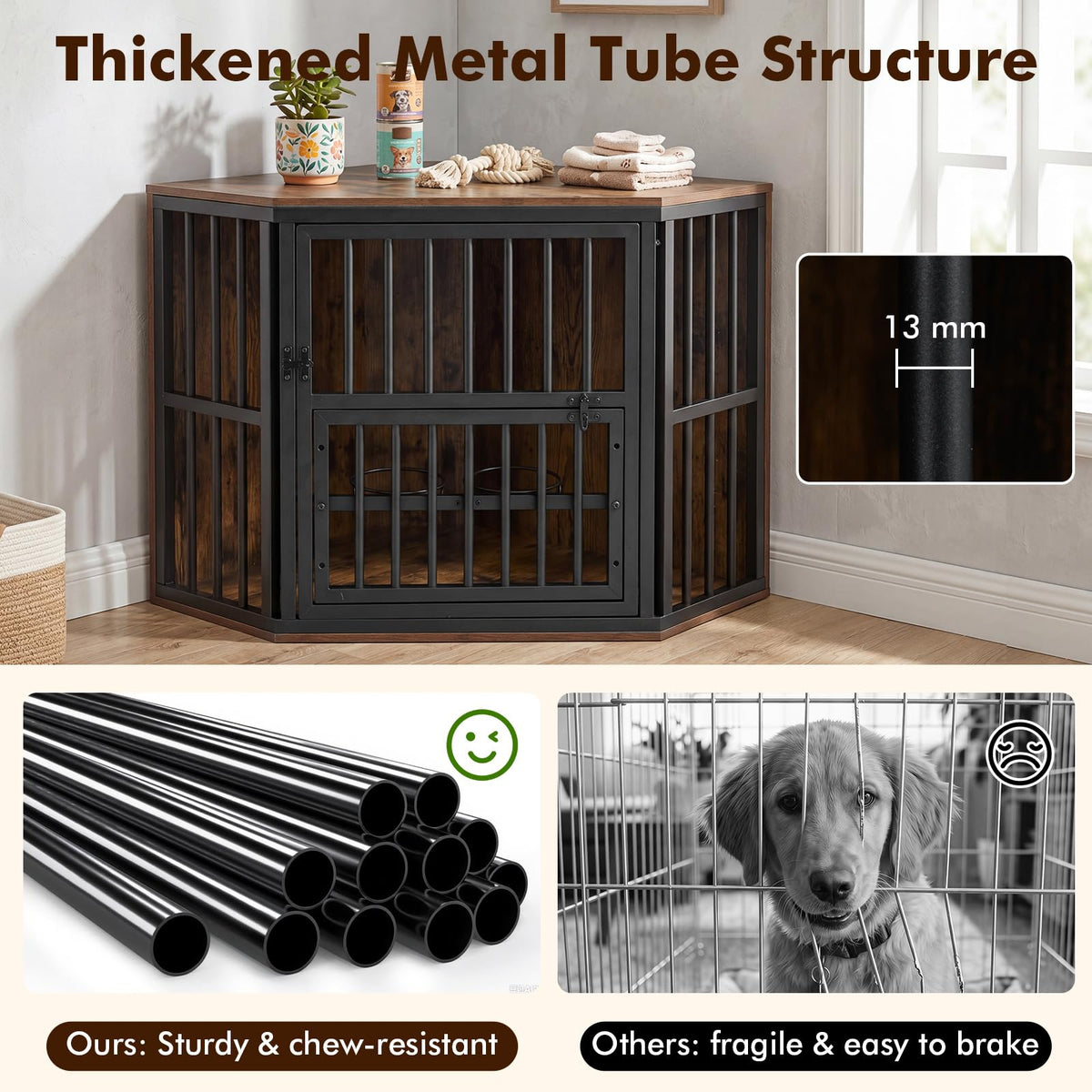 Corner Dog Crate 2-in-1 Kennel and TV Stand with Adjustable Dog Bowl Rack
