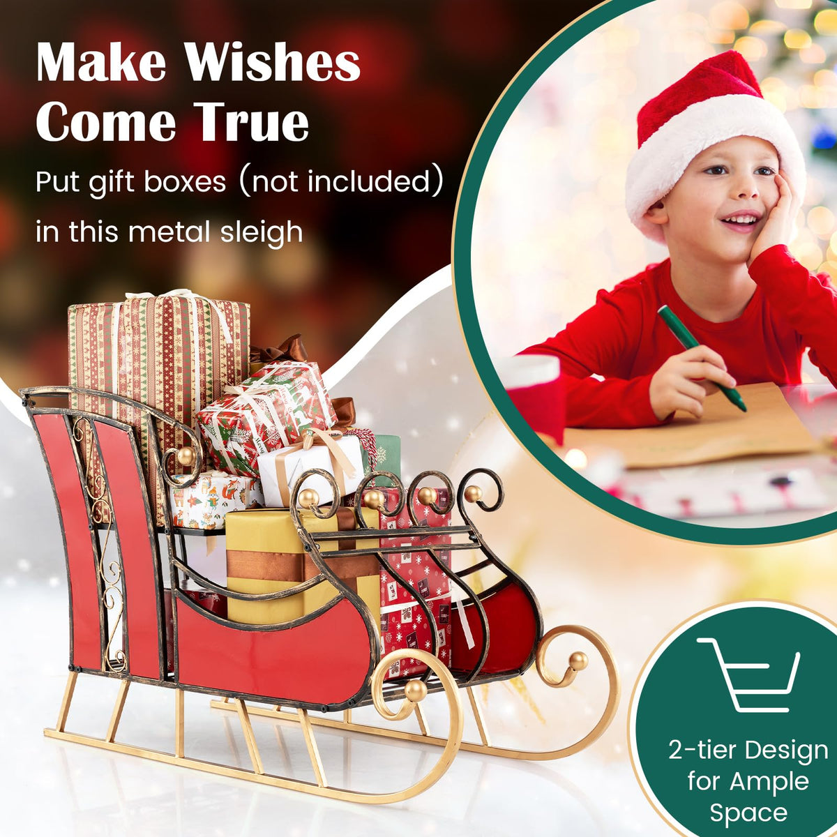 95cm Christmas Metal Sleigh Decoration with 2-Tier Shelf